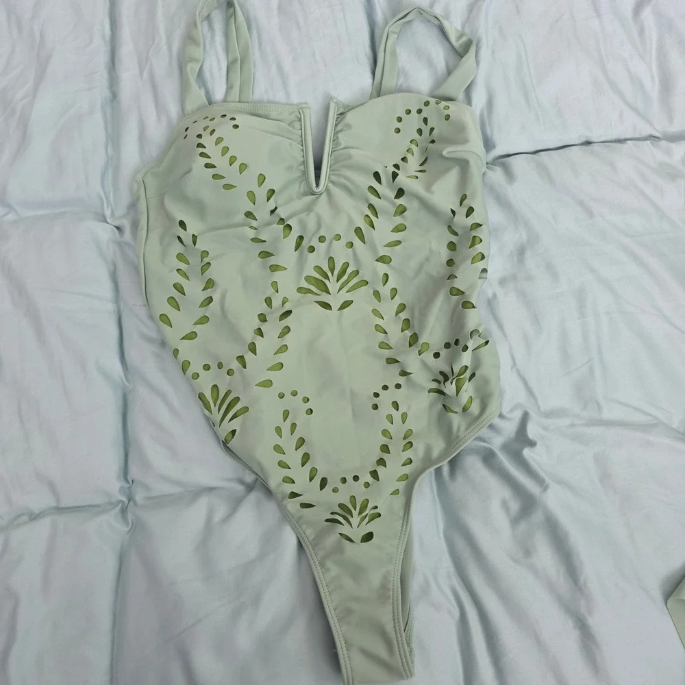 Mint Green Laser Cut One Piece Swimsuit and Maxi Skirt Cover Up Set Womens L
